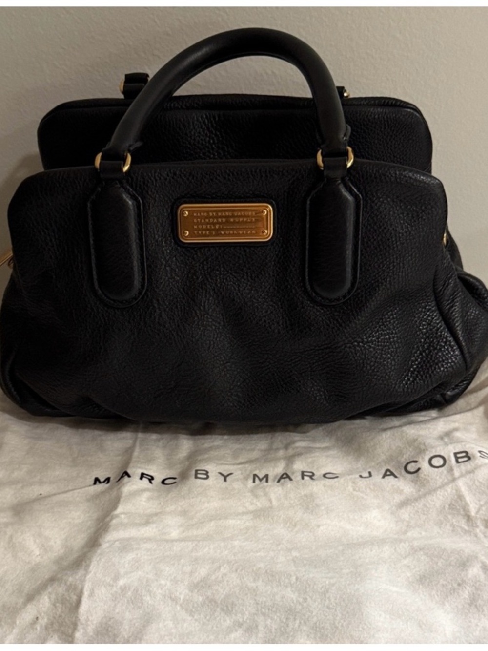 Marc by Marc Jacobs Black Pebble Leather Satchel with Gold Plaque